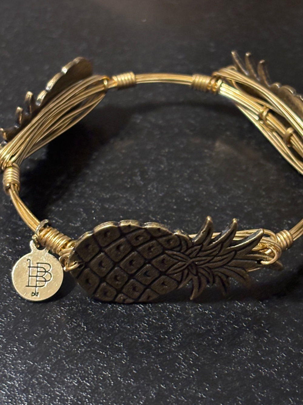 Bourbon and Bowties Gold Pineapple Charm Wire Bangle Bracelet